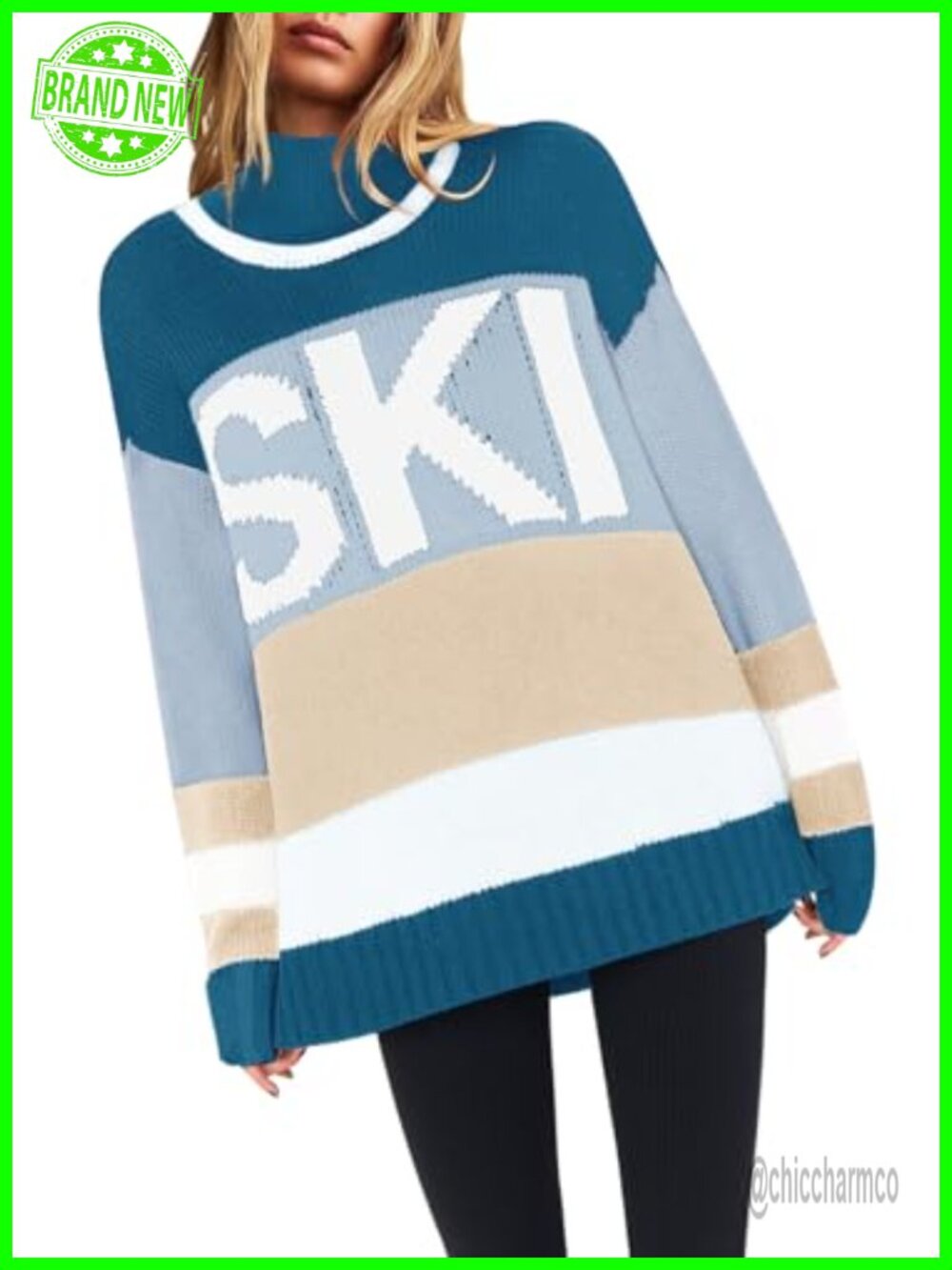 Womens Oversized Color Block Ski Sweater Crewneck Pullover Knit Top